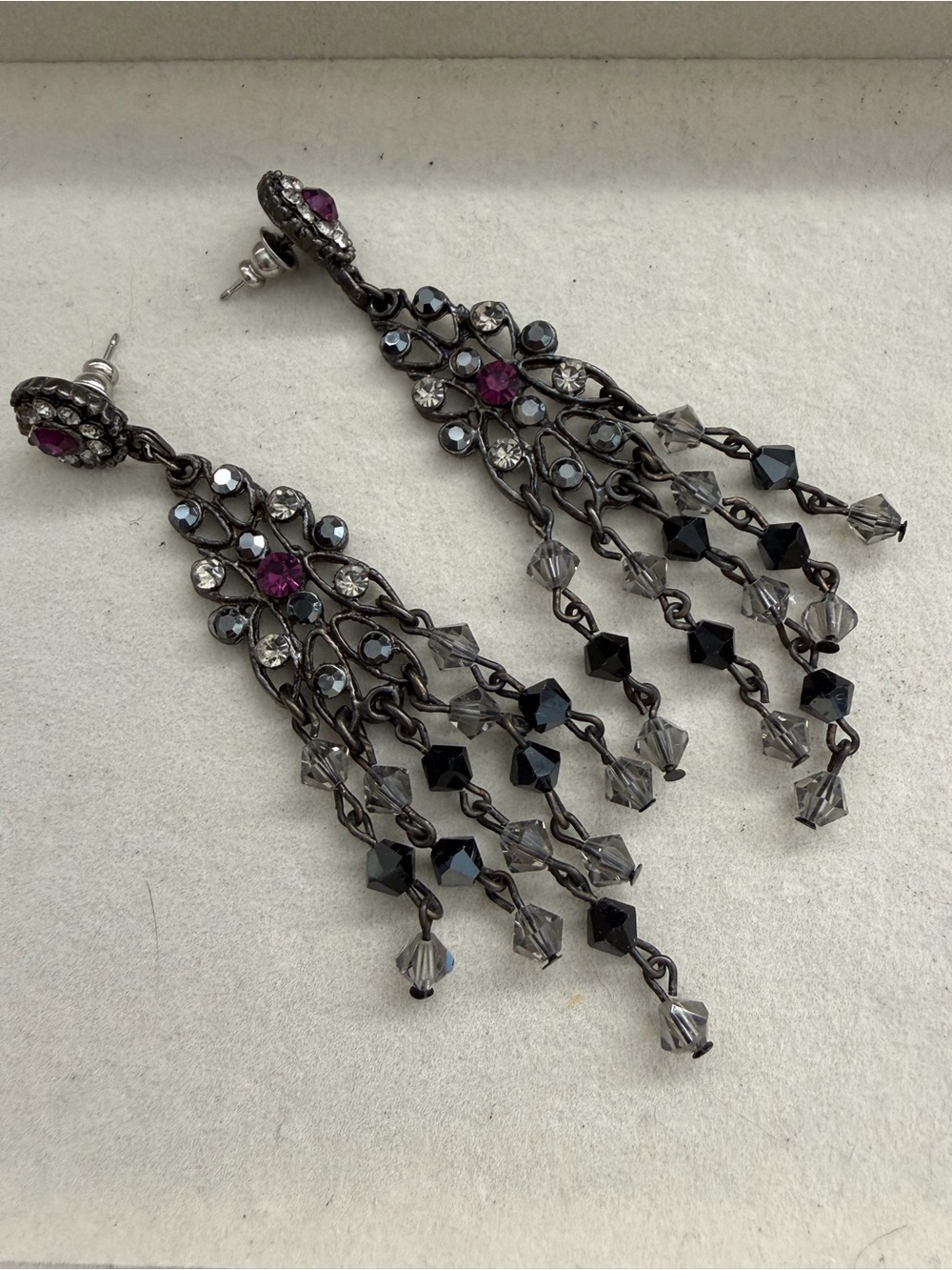 Gunmetal Dangle Earrings with Purple Accent Stones